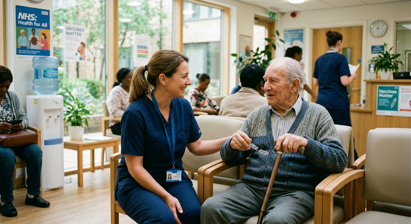 A nurse speaking with an elderly patient in a community clinic